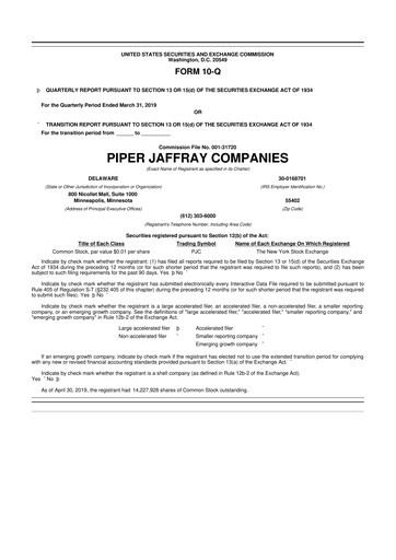 Miniature Piper Sandler
 10-Q Rapport trimestriel 2019 