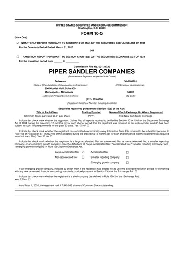 Miniature Piper Sandler
 10-Q Rapport trimestriel 2020 