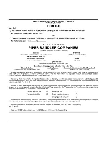 Miniature Piper Sandler
 10-Q Rapport trimestriel 2021 