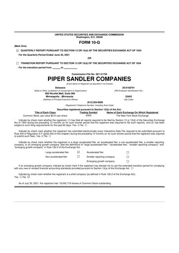 Miniature Piper Sandler
 10-Q Rapport trimestriel 2021 