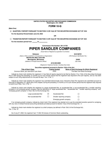 Miniature Piper Sandler
 10-Q Rapport trimestriel 2022 