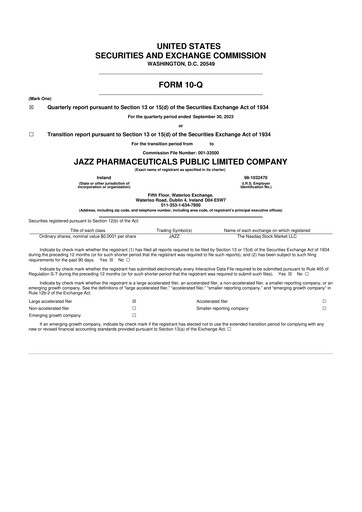 Vorschaubild Jazz Pharmaceuticals 10-Q Quartalsbericht 2023 