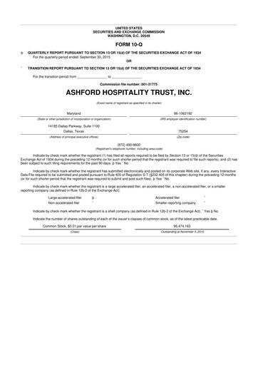 Thumbnail Ashford Hospitality Trust 10-Q Quarterly Report FY2015 