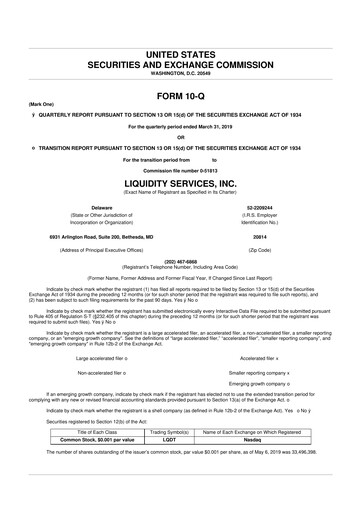Miniature Liquidity Services
 10-Q Rapport trimestriel 2019 