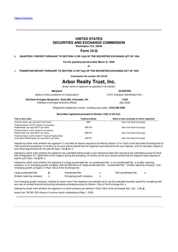 Thumbnail Arbor Realty Trust
 10-Q Quarterly Report FY 