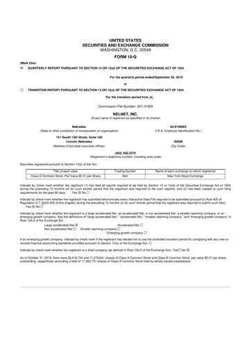 Thumbnail Nelnet 10-Q Quarterly Report FY2019 