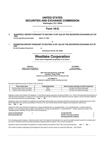 Miniature Westlake Corporation
 10-Q Rapport trimestriel  