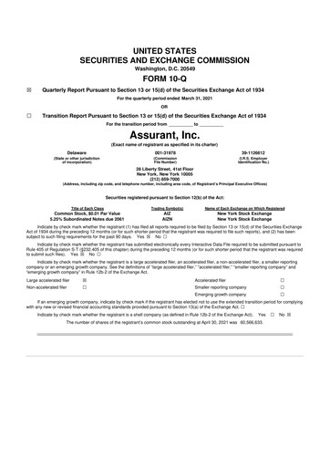 Thumbnail Assurant 10-Q Quarterly Report FY2021 