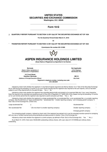 Thumbnail Aspen Insurance 10-Q Quarterly Report FY2018 