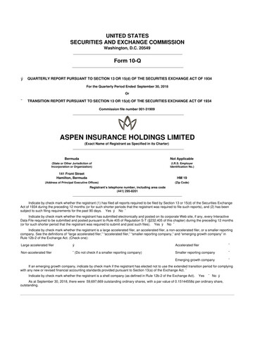 Thumbnail Aspen Insurance 10-Q Quarterly Report FY2018 