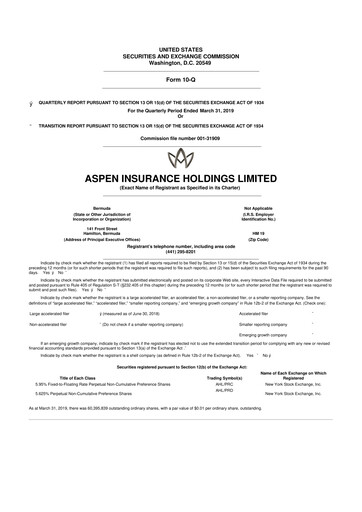 Thumbnail Aspen Insurance 10-Q Quarterly Report FY2019 