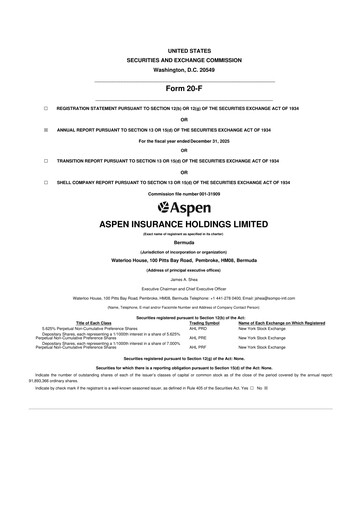 Thumbnail Aspen Insurance 20-F Annual Report 
