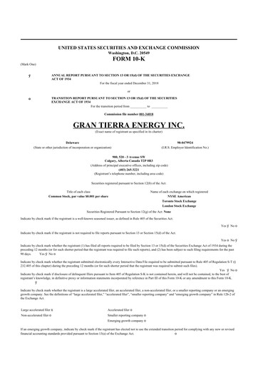 Thumbnail Gran Tierra Energy 10-K Annual Report 2018