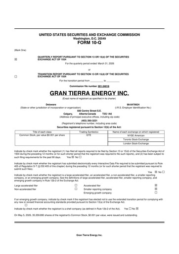 Thumbnail Gran Tierra Energy 10-Q Quarterly Report FY 