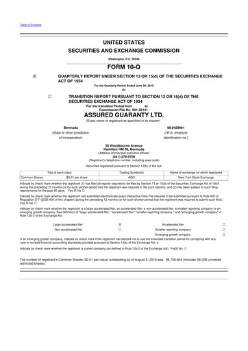 Miniature Assured Guaranty 10-Q Rapport trimestriel  
