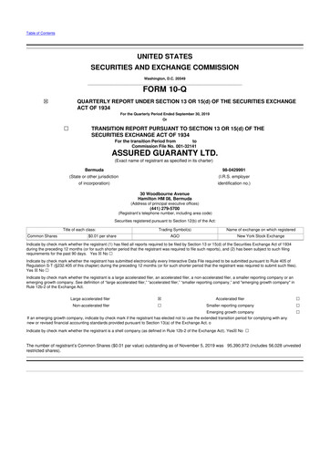 Miniature Assured Guaranty 10-Q Rapport trimestriel  