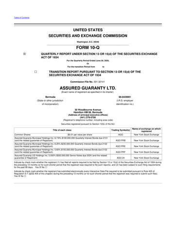 Miniature Assured Guaranty 10-Q Rapport trimestriel  