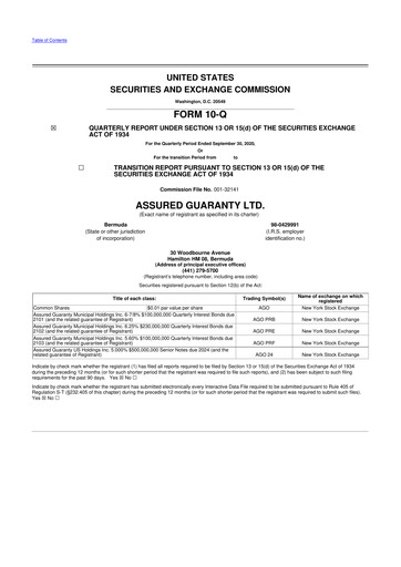 Miniature Assured Guaranty 10-Q Rapport trimestriel  