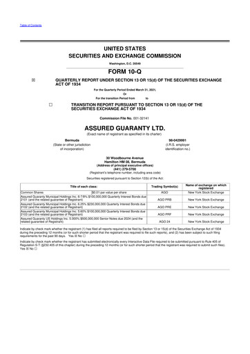 Miniature Assured Guaranty 10-Q Rapport trimestriel  