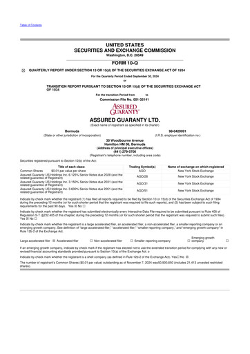 Miniature Assured Guaranty 10-Q Rapport trimestriel  