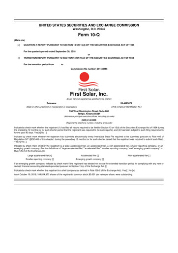 Thumbnail First Solar
 10-Q Quarterly Report FY2018 