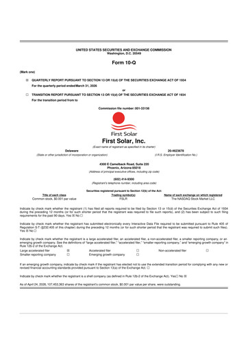 Thumbnail First Solar
 10-Q Quarterly Report FY 