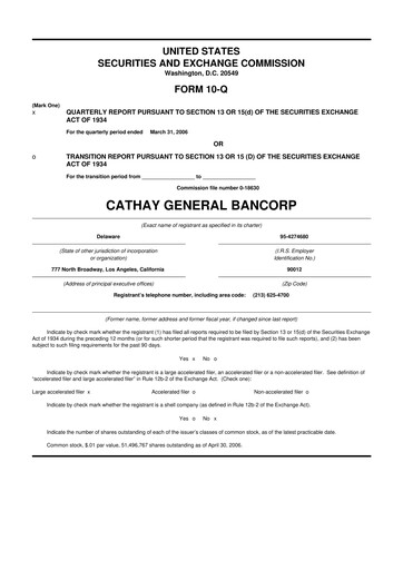 Thumbnail Cathay General Bancorp 10-Q Quarterly Report FY 