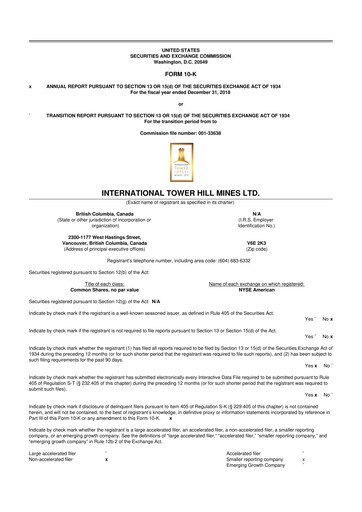 Thumbnail International Tower Hill Mines 10-K Annual Report 2018