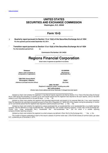 Thumbnail Regions Financial
 10-Q Quarterly Report FY2014 