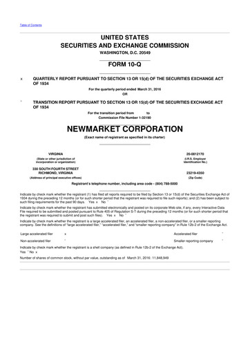Miniature NewMarket Corp 10-Q Rapport trimestriel 2016 