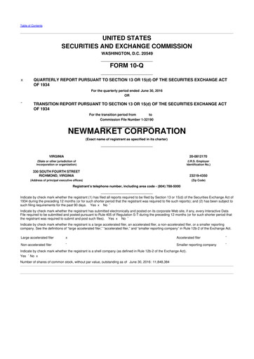 Miniature NewMarket Corp 10-Q Rapport trimestriel 2016 
