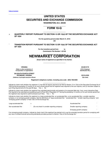 Miniature NewMarket Corp 10-Q Rapport trimestriel 2018 