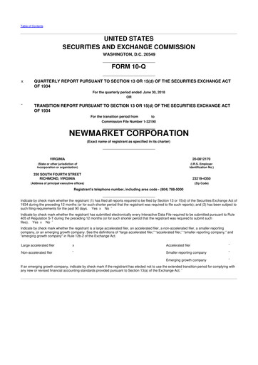 Miniature NewMarket Corp 10-Q Rapport trimestriel 2018 
