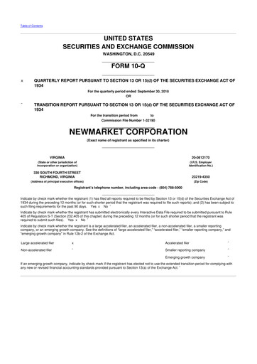 Miniature NewMarket Corp 10-Q Rapport trimestriel 2018 