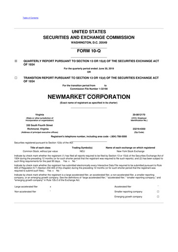 Miniature NewMarket Corp 10-Q Rapport trimestriel 2019 