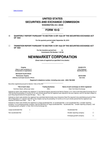 Miniature NewMarket Corp 10-Q Rapport trimestriel 2019 