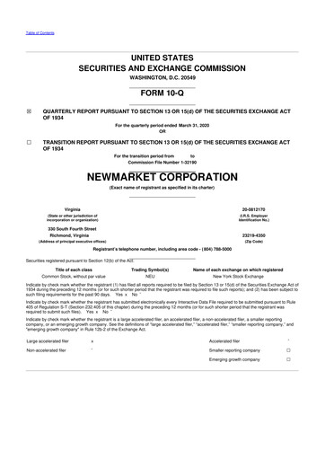 Miniature NewMarket Corp 10-Q Rapport trimestriel 2020 