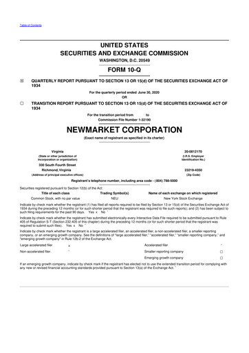 Miniature NewMarket Corp 10-Q Rapport trimestriel 2020 