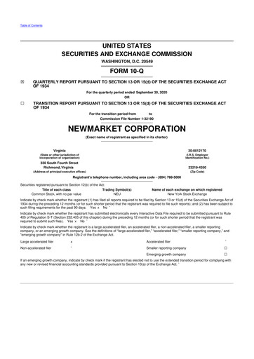 Miniature NewMarket Corp 10-Q Rapport trimestriel 2020 