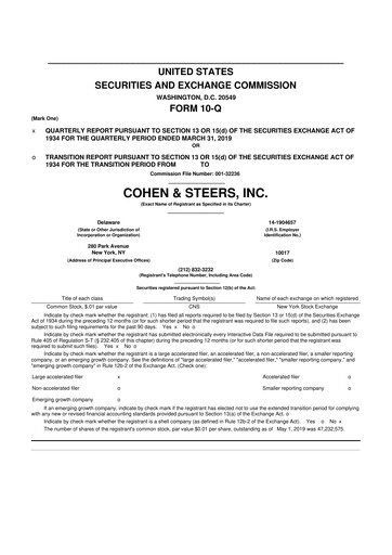 Thumbnail Cohen & Steers 10-Q Quarterly Report FY2019 