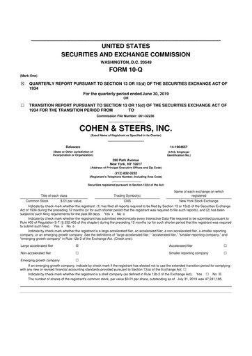 Thumbnail Cohen & Steers 10-Q Quarterly Report FY2019 