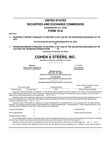 Thumbnail Cohen & Steers 10-Q Quarterly Report FY2019 