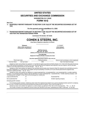 Thumbnail Cohen & Steers 10-Q Quarterly Report FY2020 