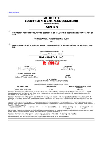 Thumbnail Morningstar
 10-Q Quarterly Report FY 