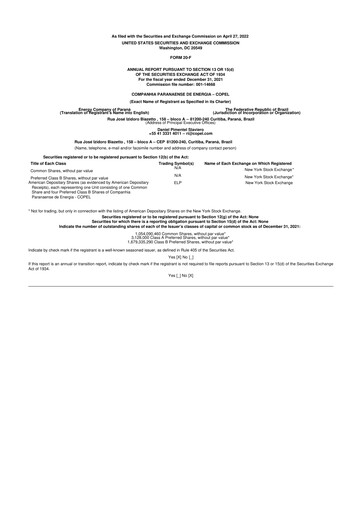 Miniature Companhia Paranaense de Energia (COPEL) 20-F Rapport annuel 2021