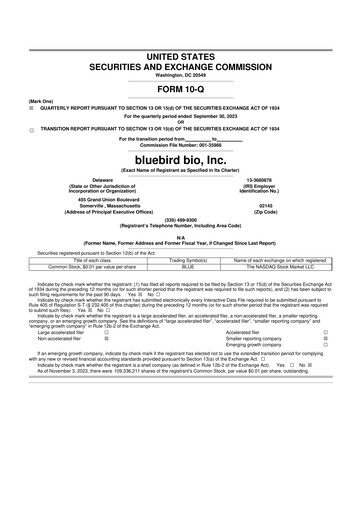 Thumbnail bluebird bio
 10-Q Quarterly Report FY2023 