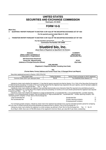 Thumbnail bluebird bio
 10-Q Quarterly Report FY2025 