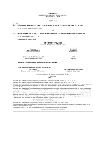 Vorschaubild The Bancorp, Inc. 10-K Jahresbericht 2015