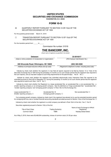 Thumbnail The Bancorp, Inc. 10-Q Quarterly Report FY2019 
