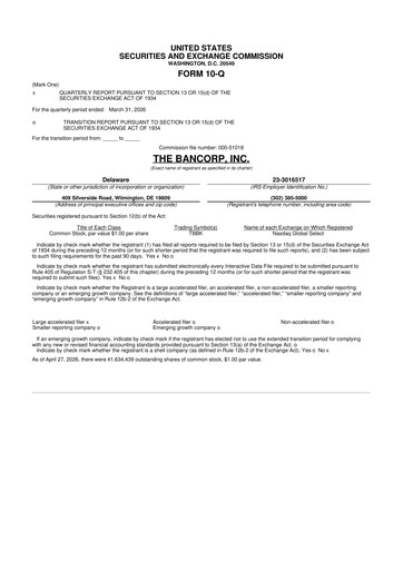 Thumbnail The Bancorp, Inc. 10-Q Quarterly Report FY 